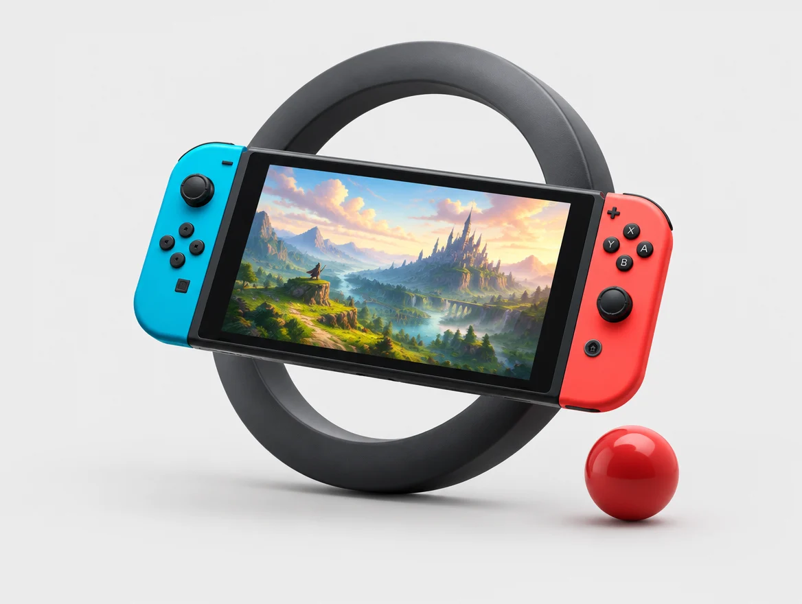 Nintendo Switch con mandos azul y rojo frente a un aro escultórico, ilustración de una nueva aventura